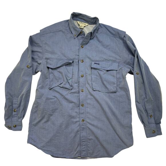 ORVIS Chambray Blue Outdoor Button Up Shirt Size Medium Mens Pockets Fishing - Picture 1 of 9